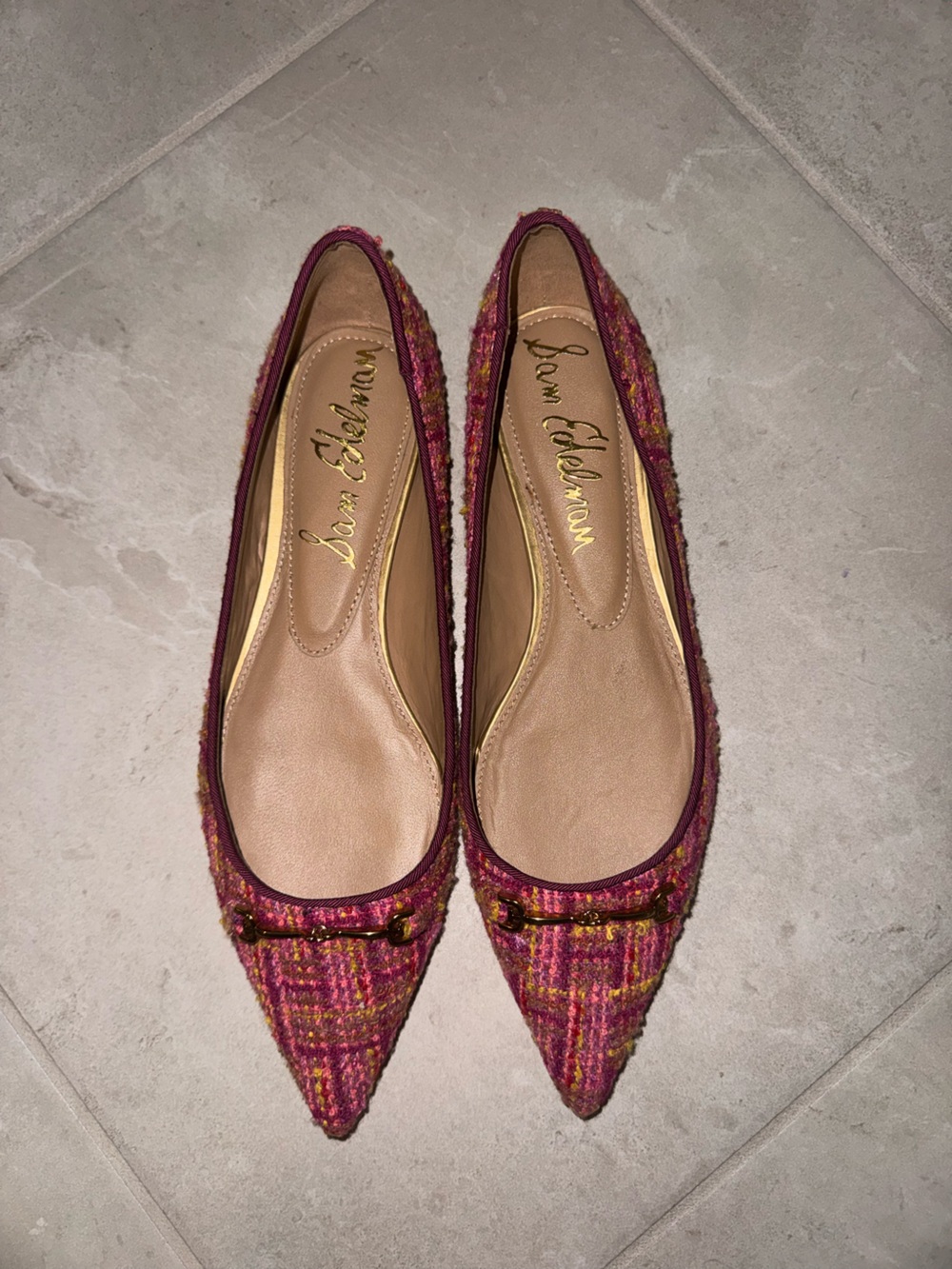 Sam Edelman Pink Tweed Pointed Ballet Flats with Gold Accent NWOB